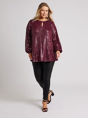 Yours Curve Red London Sequin Keyhole Bellow Sleeve Top - Image 3 of 6