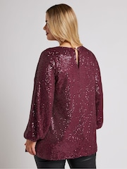 Yours Curve Red London Sequin Keyhole Bellow Sleeve Top - Image 4 of 6