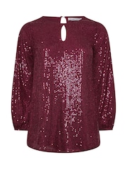 Yours Curve Red London Sequin Keyhole Bellow Sleeve Top - Image 6 of 6
