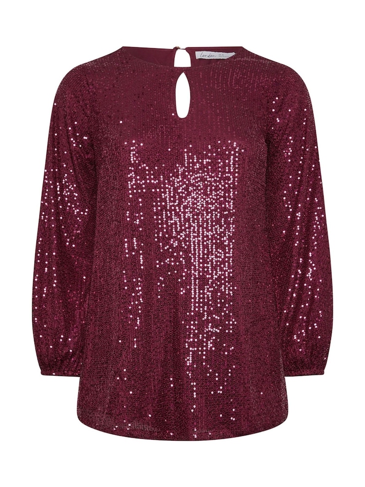 Yours Curve Red London Sequin Keyhole Bellow Sleeve Top - Image 6 of 6