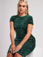 Yours Curve Green London Sequin Velvet Shift Dress - Image 2 of 5