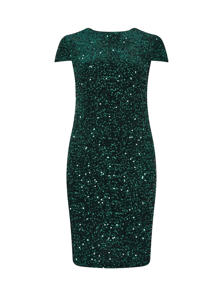 Yours Curve Green London Sequin Velvet Shift Dress - Image 5 of 5