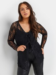 Yours Curve Black Limited Lace Tie Front Top - Image 1 of 9