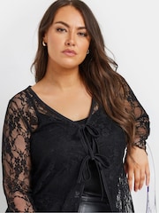 Yours Curve Black Limited Lace Tie Front Top - Image 4 of 9