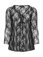 Yours Curve Black Limited Lace Tie Front Top - Image 9 of 9