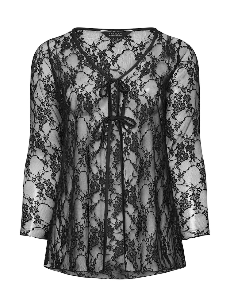 Yours Curve Black Limited Lace Tie Front Top - Image 9 of 9