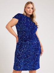 Yours Curve Blue London Sequin Velvet Shift Dress - Image 1 of 5