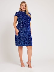 Yours Curve Blue London Sequin Velvet Shift Dress - Image 2 of 5