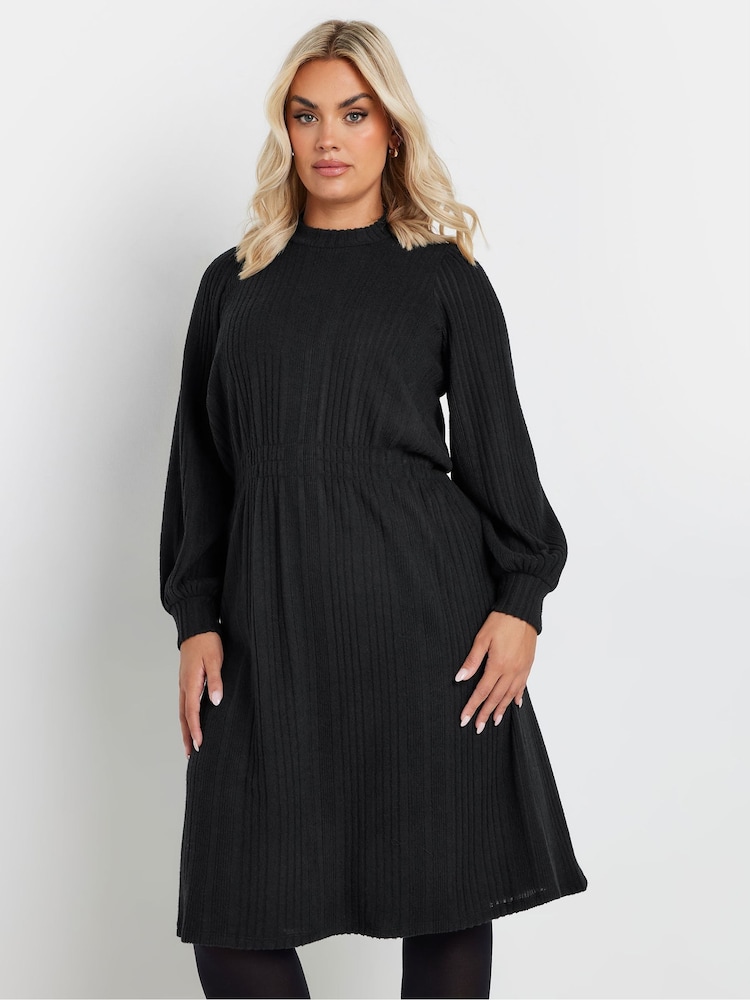 Yours Curve Black Plain Textured Dress - Image 2 of 5