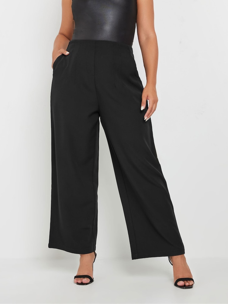 Yours Curve Black Darted Waist Wide Leg Trousers - Image 1 of 5