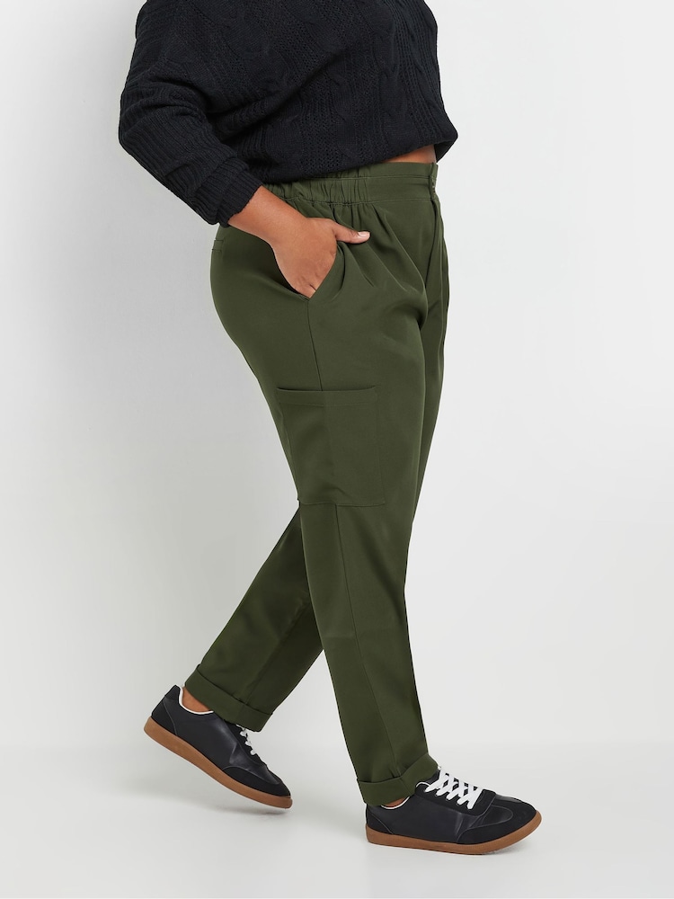 Yours Curve Green Paperbag Waist Cargo Pocket Trousers - Image 1 of 5