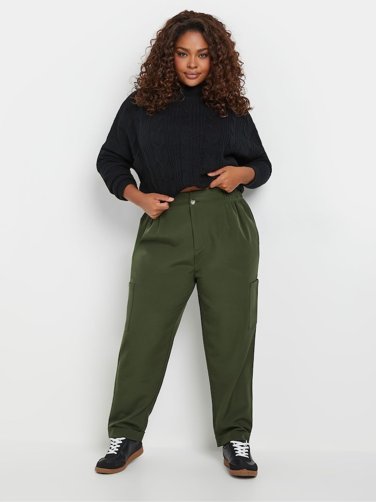 Yours Curve Green Paperbag Waist Cargo Pocket Trousers - Image 2 of 5