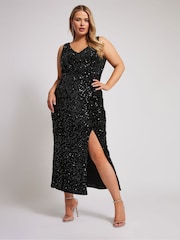 Yours Curve Black Sequin Velvet Maxi Slip Dress - Image 1 of 5