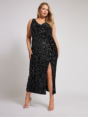Yours Curve Black Sequin Velvet Maxi Slip Dress - Image 3 of 5