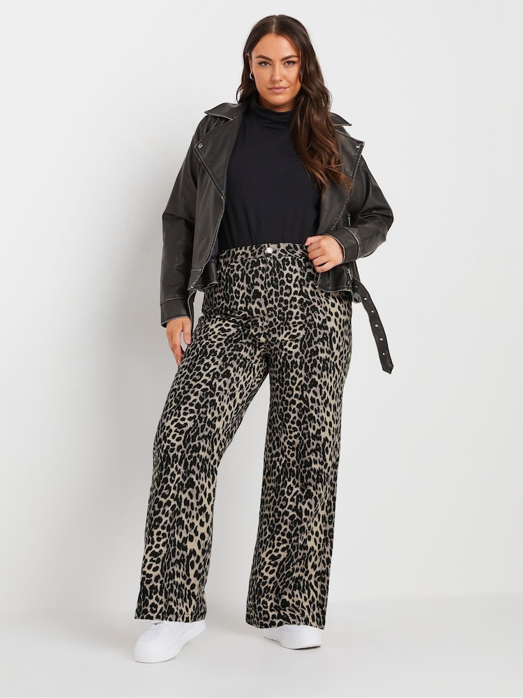 Yours Curve Brown Wide Leg Leopard Jeans - Image 4 of 7