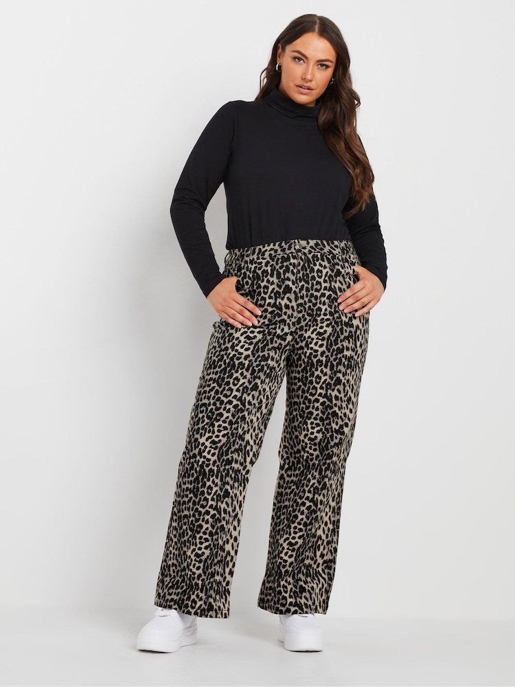 Yours Curve Brown Wide Leg Leopard Jeans - Image 5 of 7