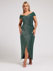 Yours Curve Green London Metallic Bardot Gathered Wrap Dress - Image 1 of 5