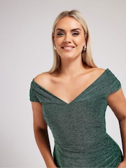 Yours Curve Green London Metallic Bardot Gathered Wrap Dress - Image 2 of 5