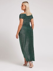 Yours Curve Green London Metallic Bardot Gathered Wrap Dress - Image 3 of 5
