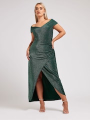 Yours Curve Green London Metallic Bardot Gathered Wrap Dress - Image 4 of 5