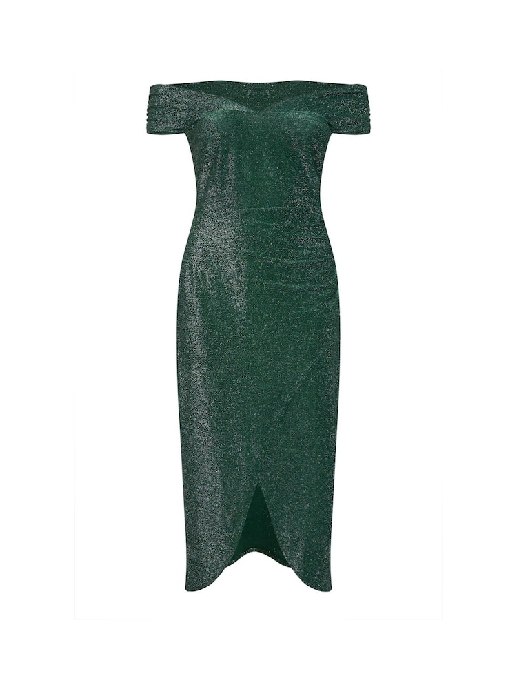 Yours Curve Green London Metallic Bardot Gathered Wrap Dress - Image 5 of 5