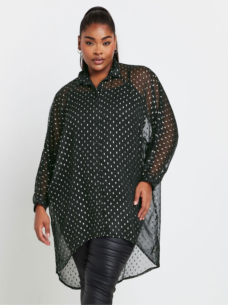 Yours Curve Black Metallic Extreme Dip Back Shirt - Image 1 of 4