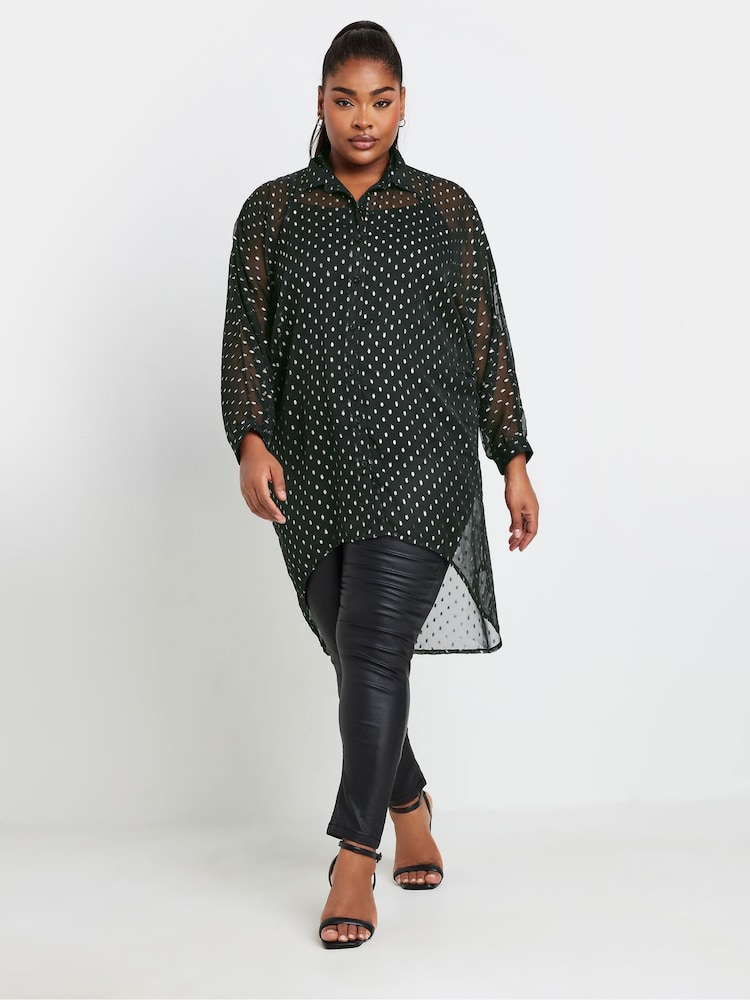 Yours Curve Black Metallic Extreme Dip Back Shirt - Image 2 of 4