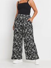 Yours Curve Black Floral Wide Leg Trousers - Image 1 of 5