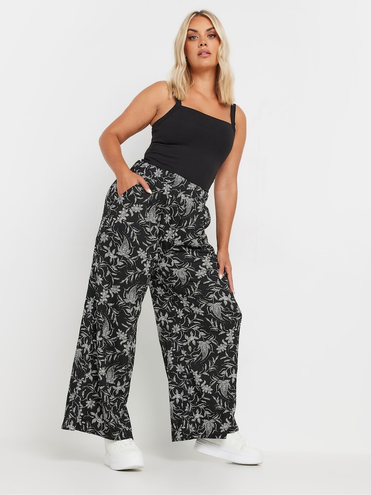 Yours Curve Black Floral Wide Leg Trousers - Image 2 of 5