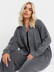 Yours Curve Grey Acid Wash Bomber Jacket - Image 4 of 5