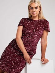 Yours Curve Red London Sequin Velvet Shift Dress - Image 4 of 5