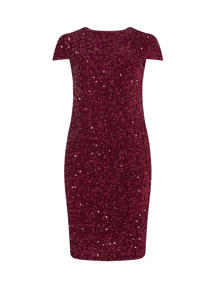 Yours Curve Red London Sequin Velvet Shift Dress - Image 5 of 5