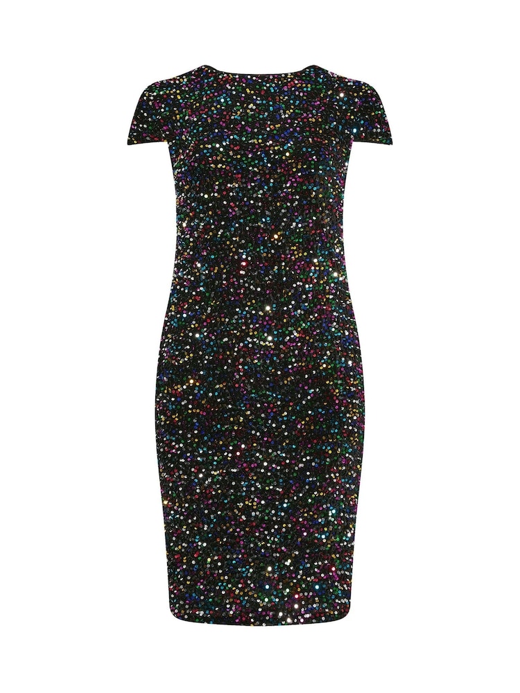 Yours Curve Black Multi London Sequin Velvet Shift Dress - Image 4 of 4