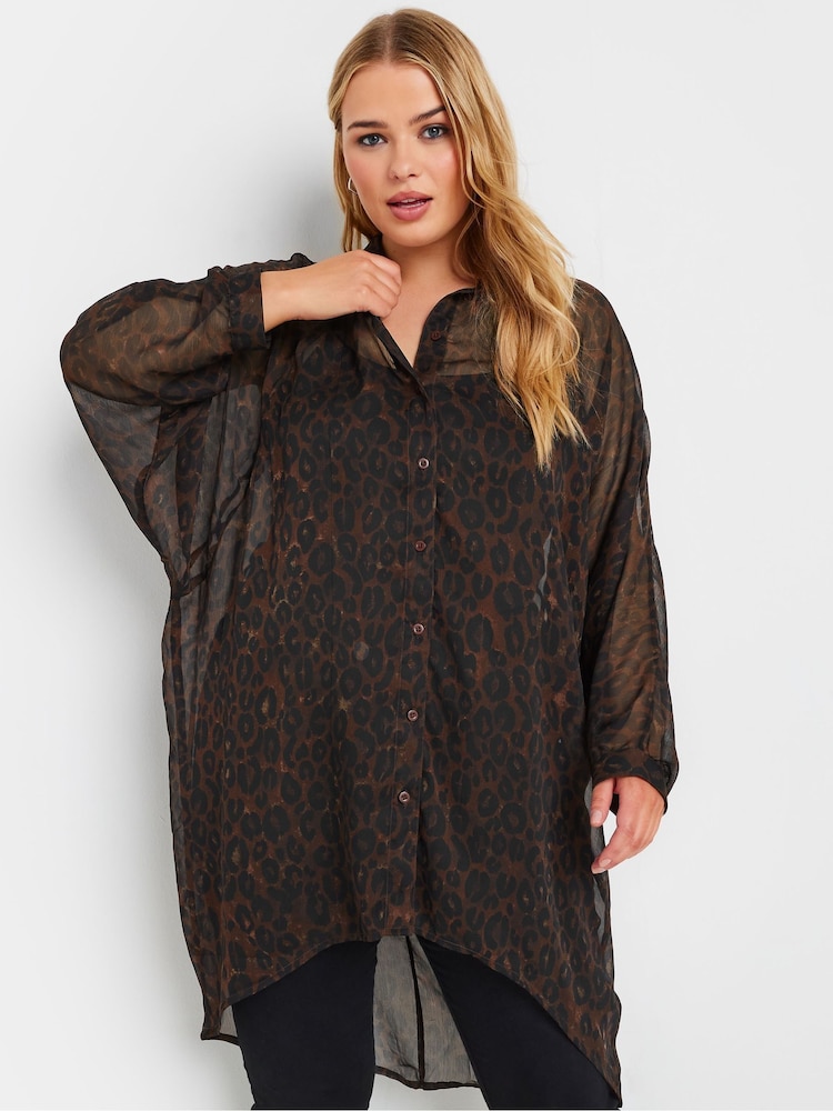 Yours Curve Brown Extreme Dip Back Chiffon Shirt - Image 1 of 6