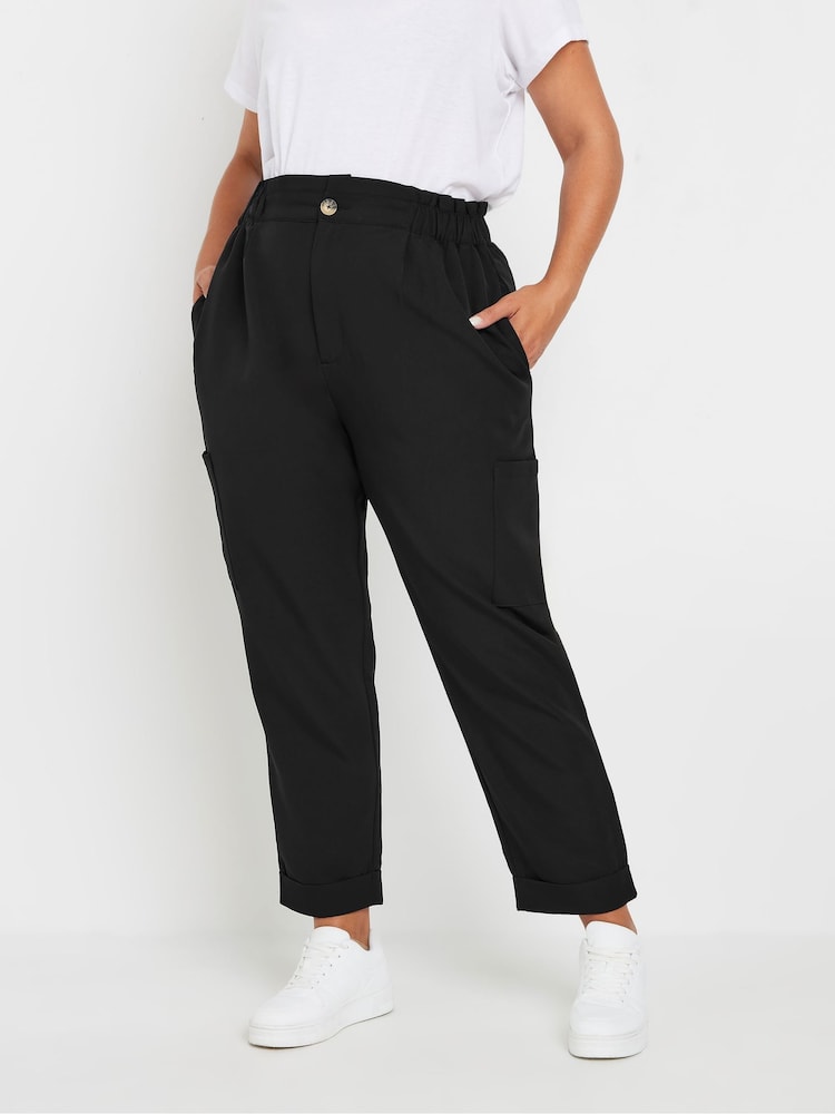 Yours Curve Black Paperbag Waist Cargo Pocket Trousers - Image 1 of 6