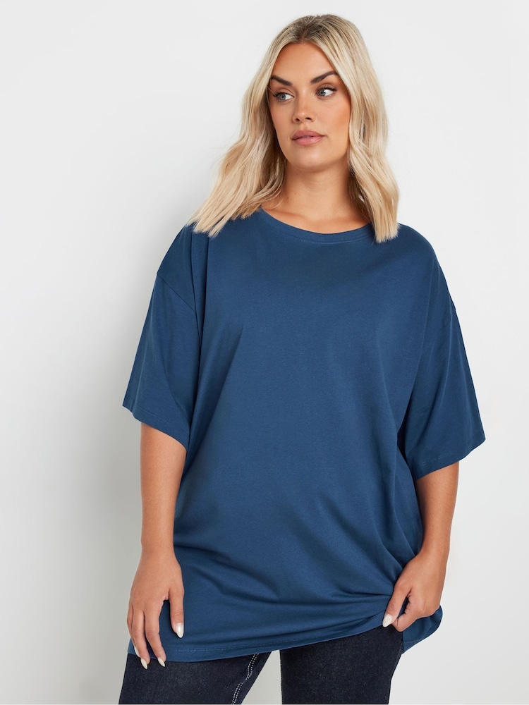 Yours Curve Blue 100% Cotton Core Basic Longline T-Shirt - Image 1 of 5