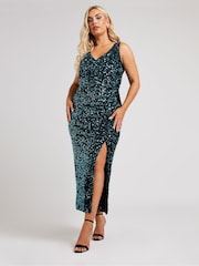 Yours Curve Green Sequin Velvet Maxi Slip Dress - Image 4 of 6