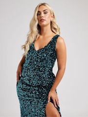 Yours Curve Green Sequin Velvet Maxi Slip Dress - Image 5 of 6