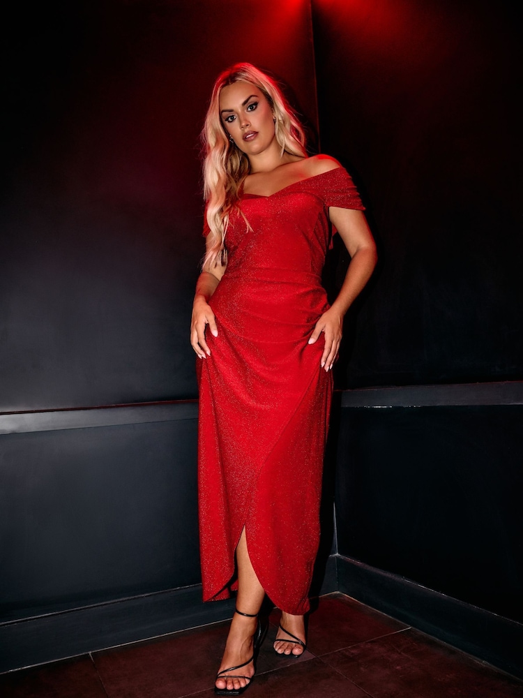 Yours Curve Red London Metallic Bardot Gathered Wrap Dress - Image 1 of 6