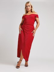 Yours Curve Red London Metallic Bardot Gathered Wrap Dress - Image 3 of 6
