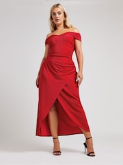 Yours Curve Red London Metallic Bardot Gathered Wrap Dress - Image 4 of 6