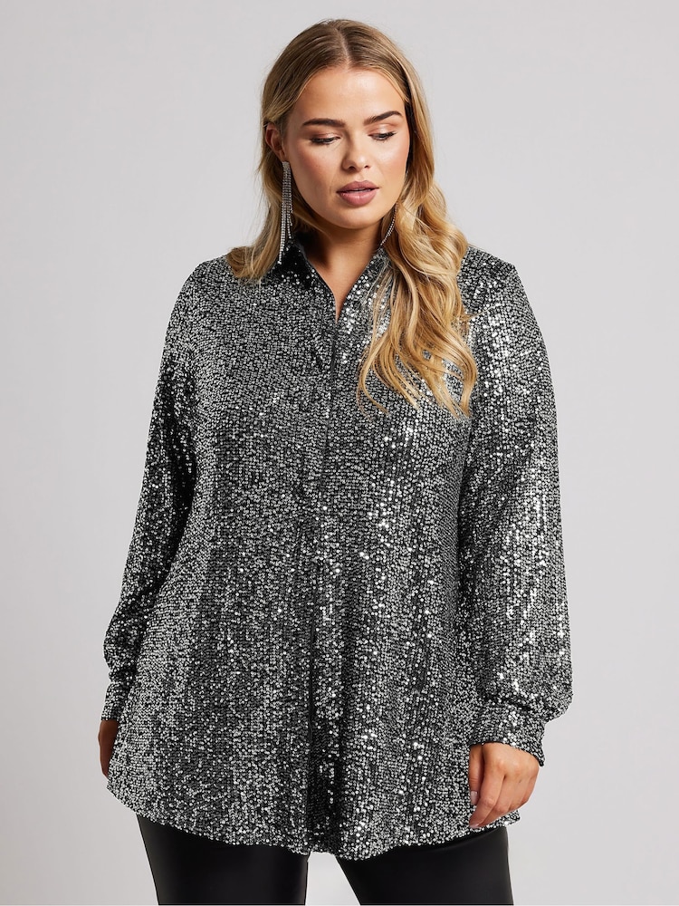 Yours Curve Silver London Sequin Shirt - Image 1 of 5 Yours Curve Silver London Sequin Shirt - Image 1 of 5