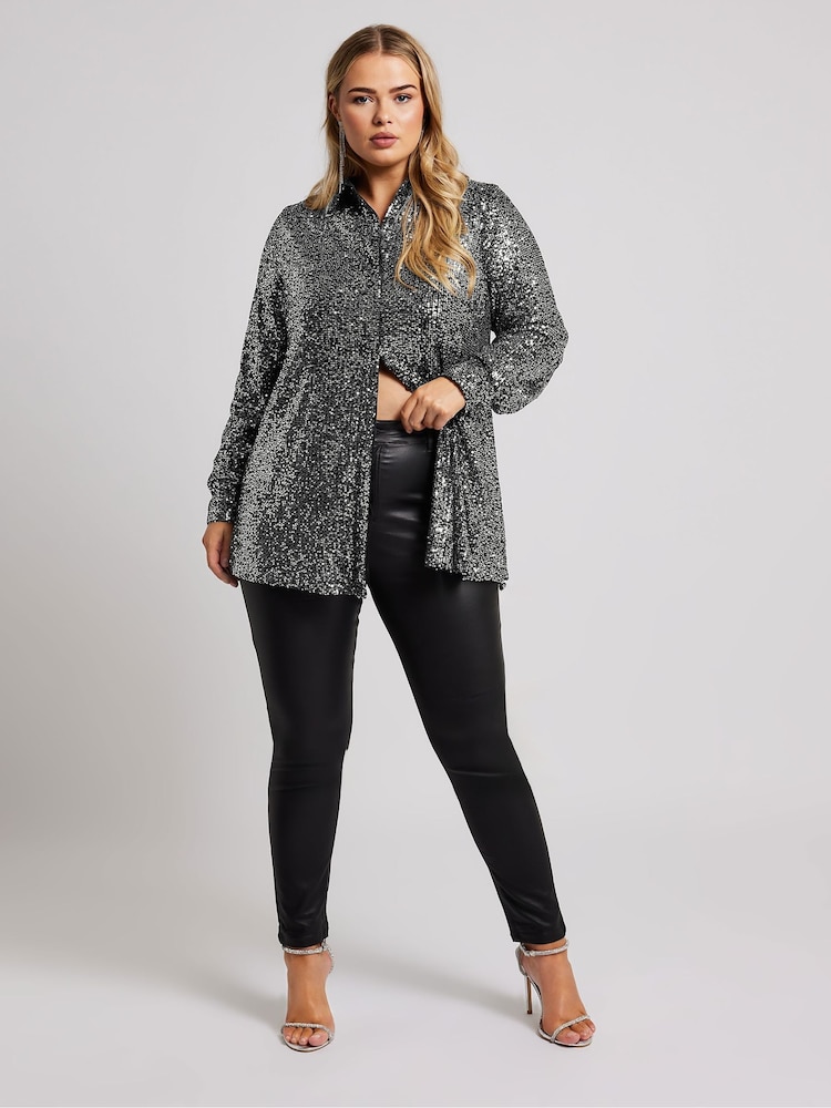 Yours Curve Silver London Sequin Shirt - Image 2 of 5 Yours Curve Silver London Sequin Shirt - Image 2 of 5