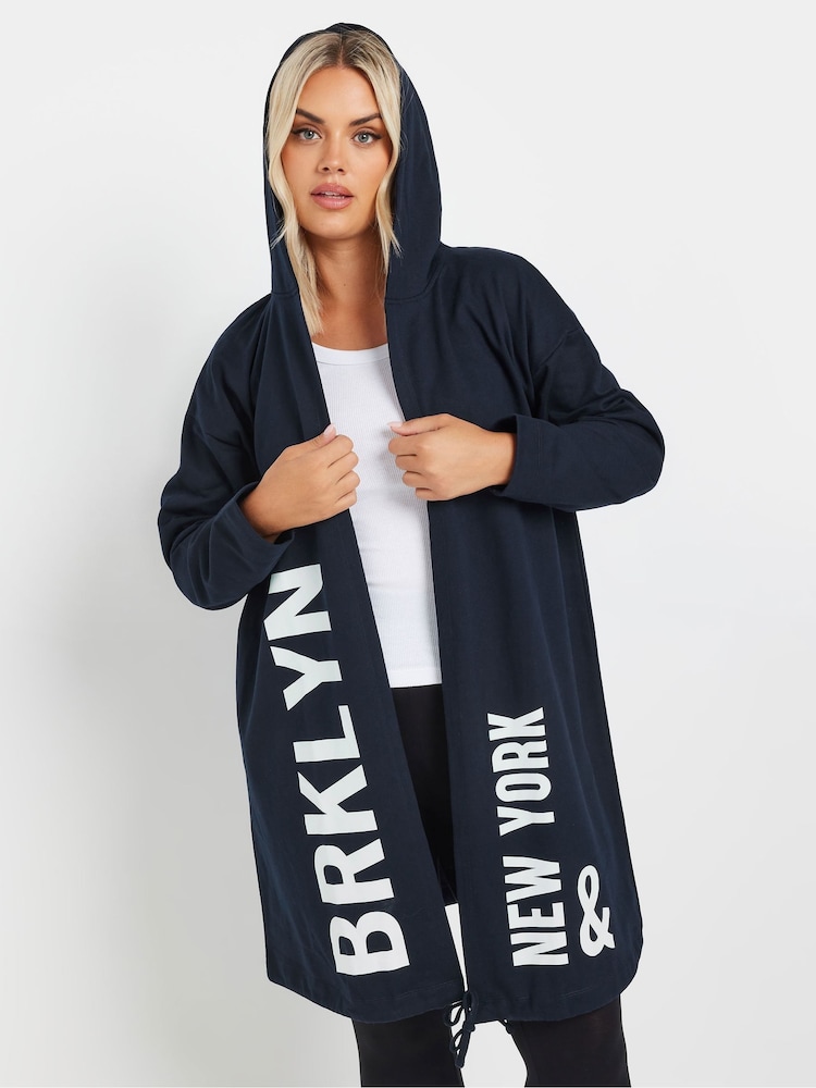 Yours Curve Blue Longline Logo Hoodie - Image 1 of 5 Yours Curve Blue Longline Logo Hoodie - Image 1 of 5