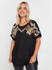 Yours Curve Black Embellished T-Shirt - Image 1 of 5