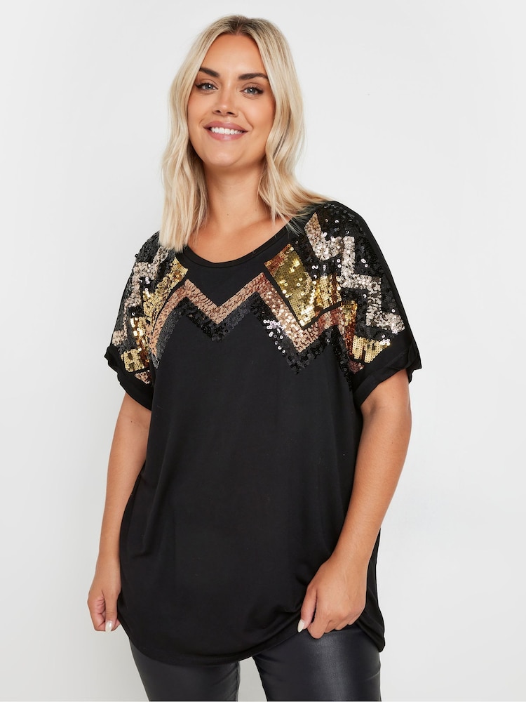 Yours Curve Black Embellished T-Shirt - Image 1 of 5