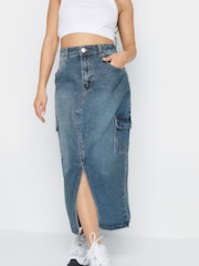PixieGirl Petite Blue Denim Cargo Midi Skirt - Image 1 of 4