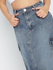 PixieGirl Petite Blue Denim Cargo Midi Skirt - Image 4 of 4