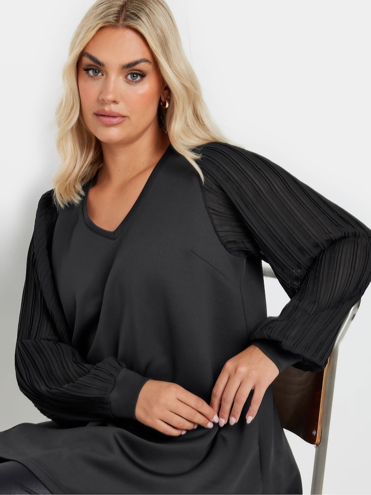 Yours Curve Black Pleated Sleeve V-Neck Top - Image 1 of 5