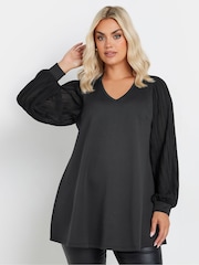 Yours Curve Black Pleated Sleeve V-Neck Top - Image 2 of 5
